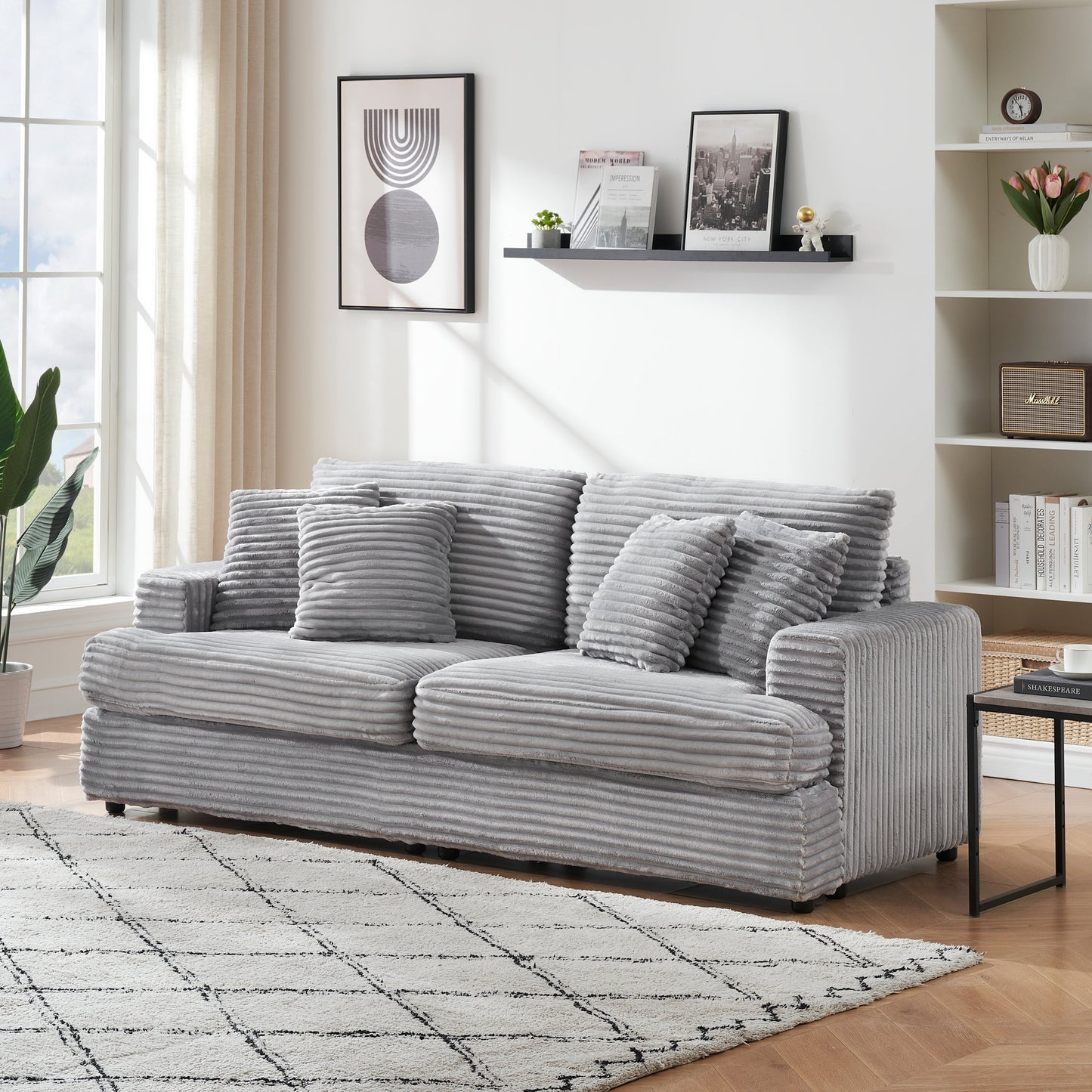 79.3 Inches Long, Corduroy Sofa, With 4 Matching Toss Pillows Sleek Design Spacious and Comfortable 3 Seater Couch