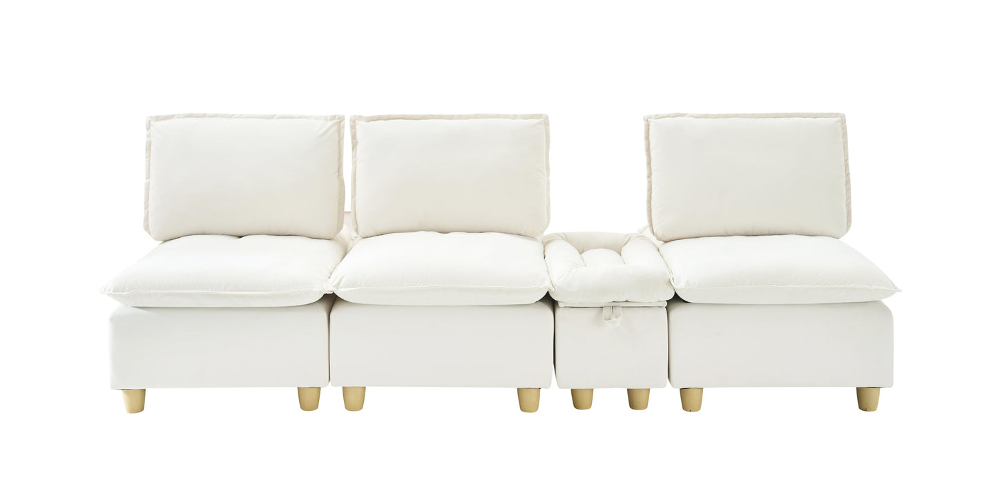 104-Inch Fashionable and Minimalist Straight-Row Three-Seater Off-White Flannel Sofa With a Storage Compartment, Cup Holder