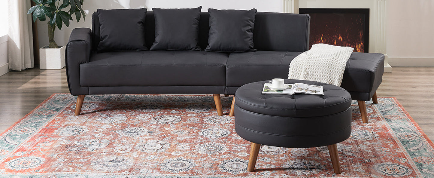 107" Contemporary Sofa Stylish Sofa Couch With a Round Storage Ottoman and Three Removable Pillows for Living Room, Black