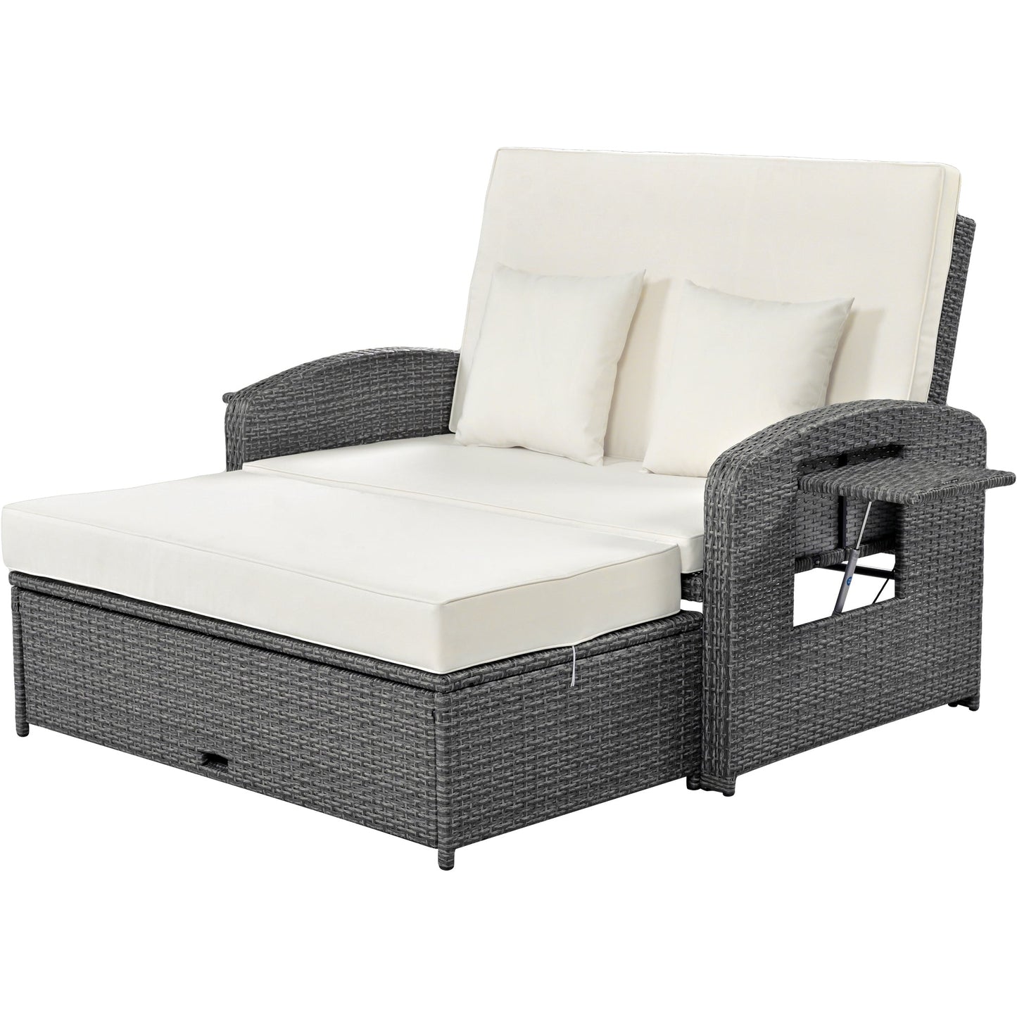 PE Wicker Rattan Double Chaise Lounge, 2-Person Reclining Daybed With Adjustable Back and Cushions