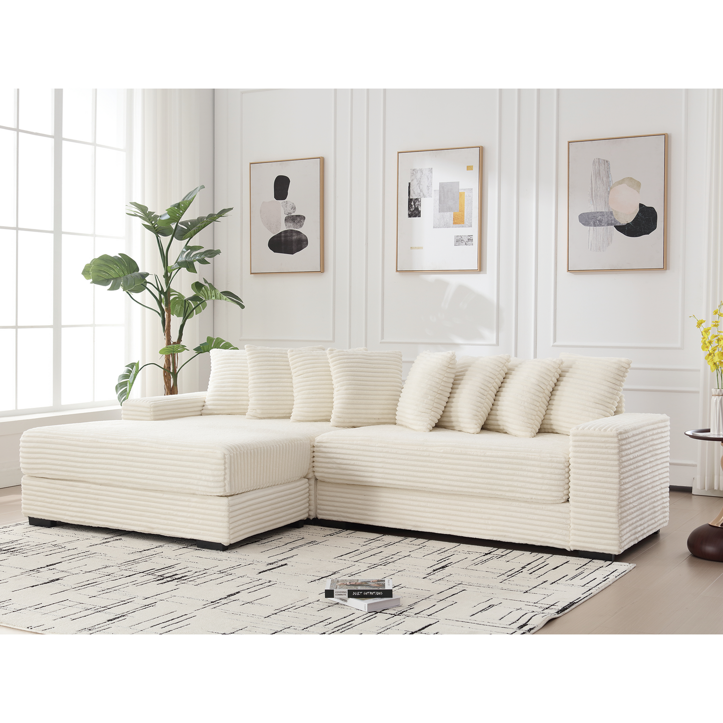 Oversized Two-Piece Couches, L Shaped Sofa, Corduroy, Left Chaise Daybed,with Armrests,Eight Throw Pillows,Corner Sofa