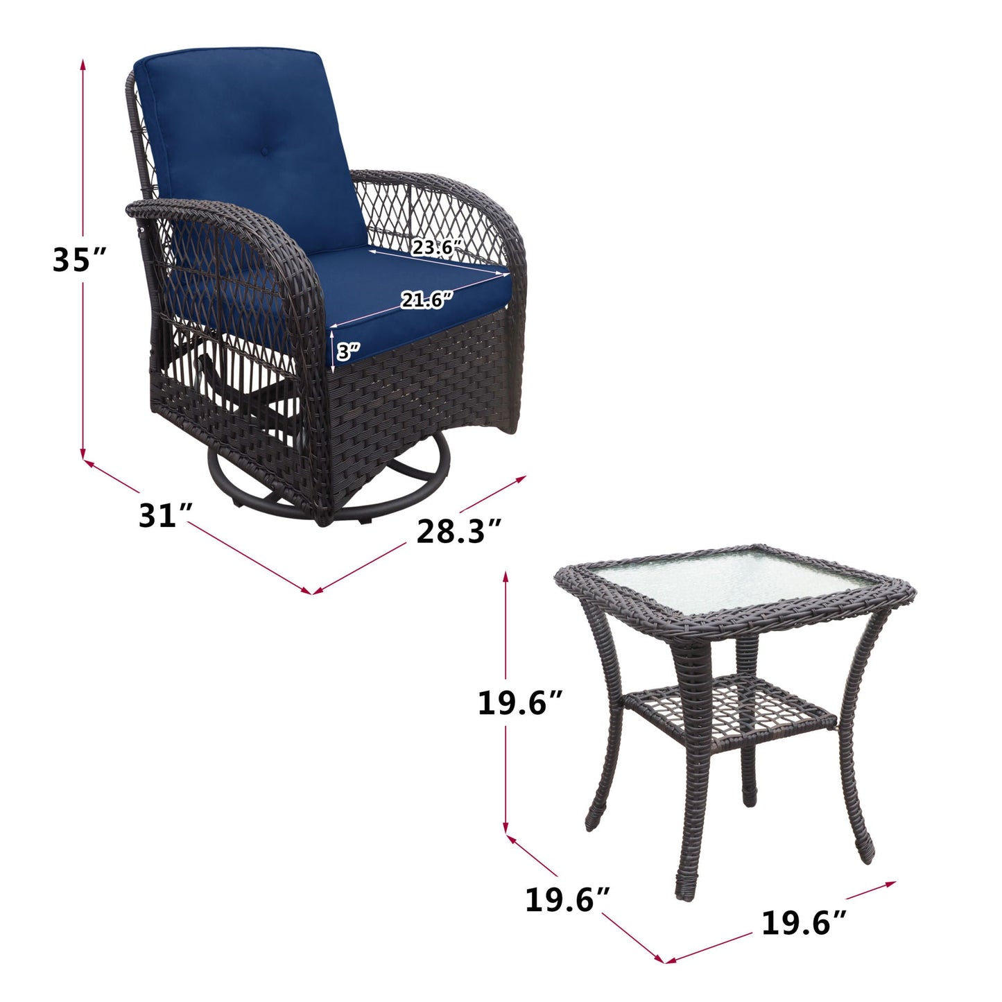 360-Degree Patio Wicker Swivel Rocker Chairs Set; Outdoor Rattan Rocking Bistro Sets With Cushions and Table