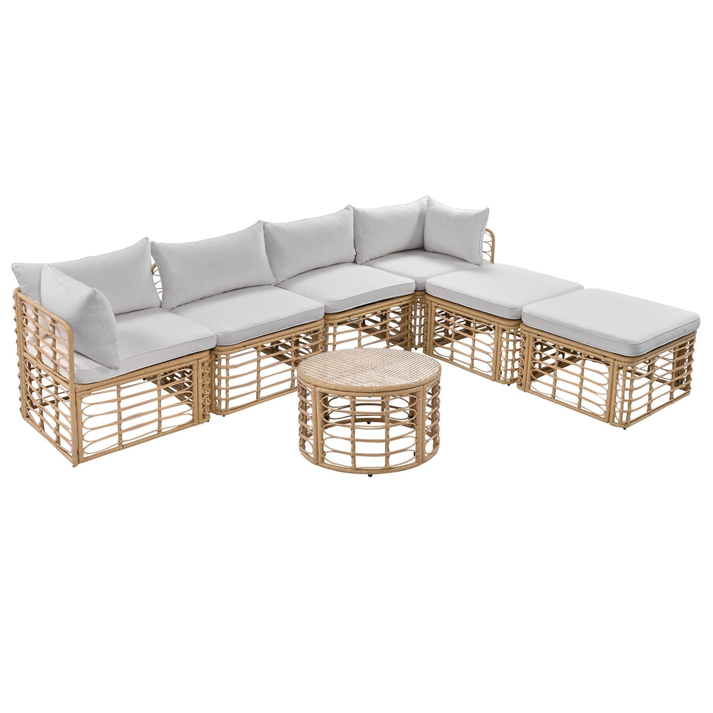 7 Pieces Outdoor Patio Furniture, All-Weather Rattan Sectional Sofa Set With Thick Cushions and Pillows, Freely Combined