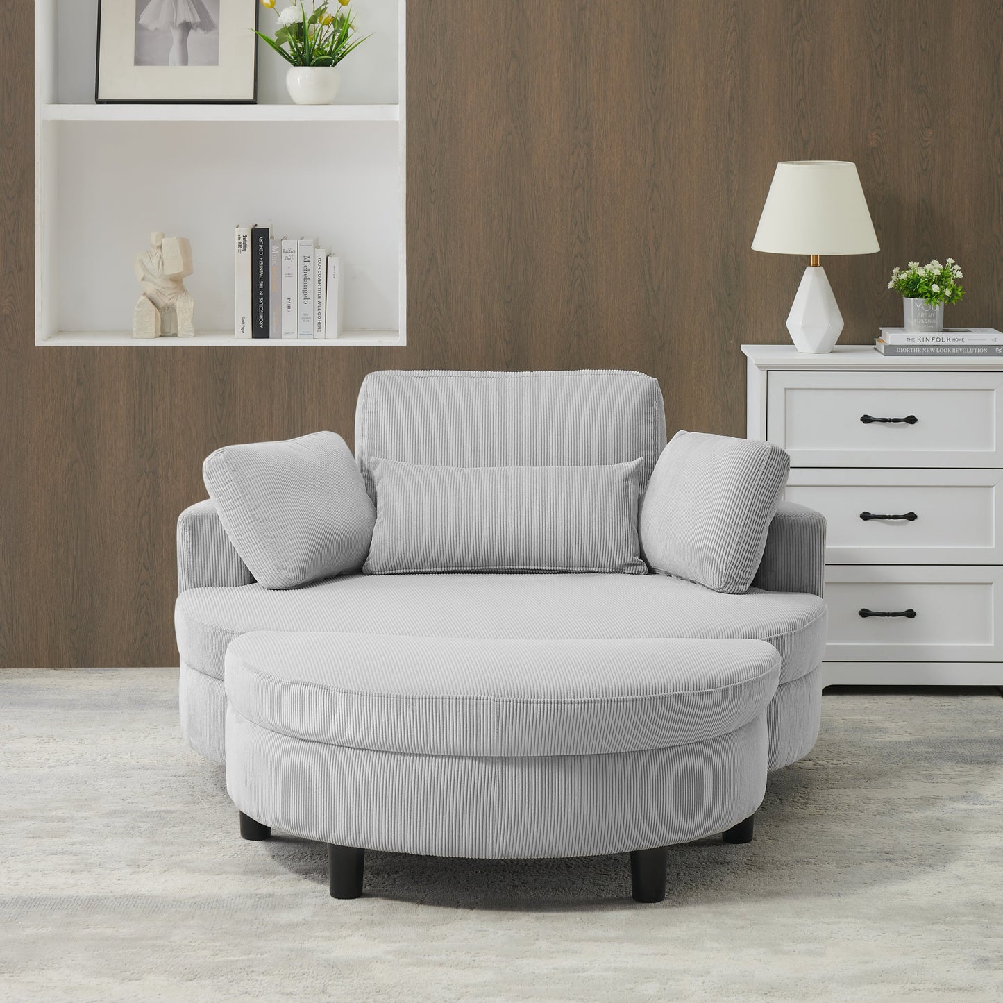51-Inch Gray Corduroy Sofa With Two Throw Pillows and a Waist Pillow With an Extra Tray for Comfortable Seating