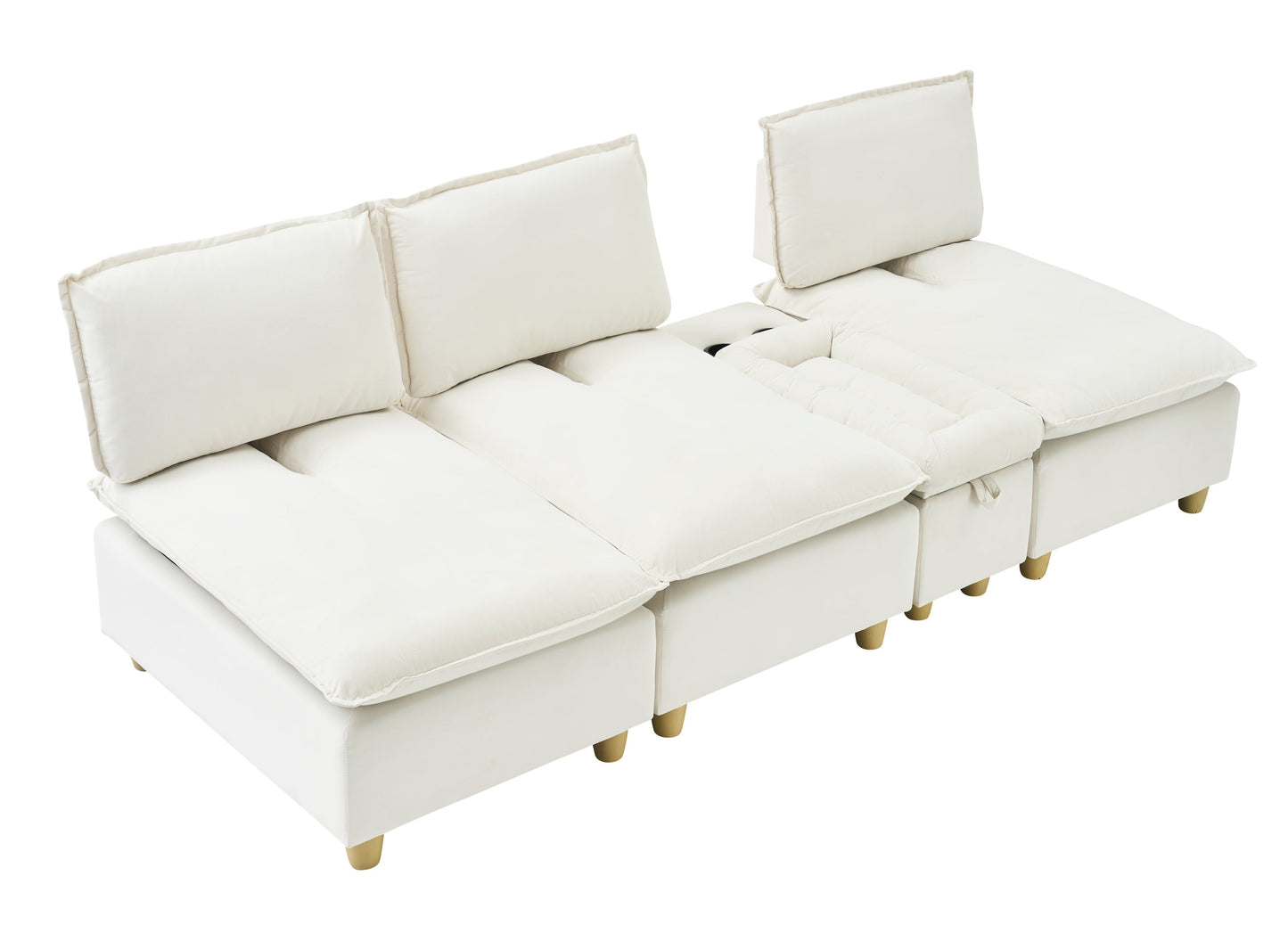104-Inch Fashionable and Minimalist Straight-Row Three-Seater Off-White Flannel Sofa With a Storage Compartment, Cup Holder