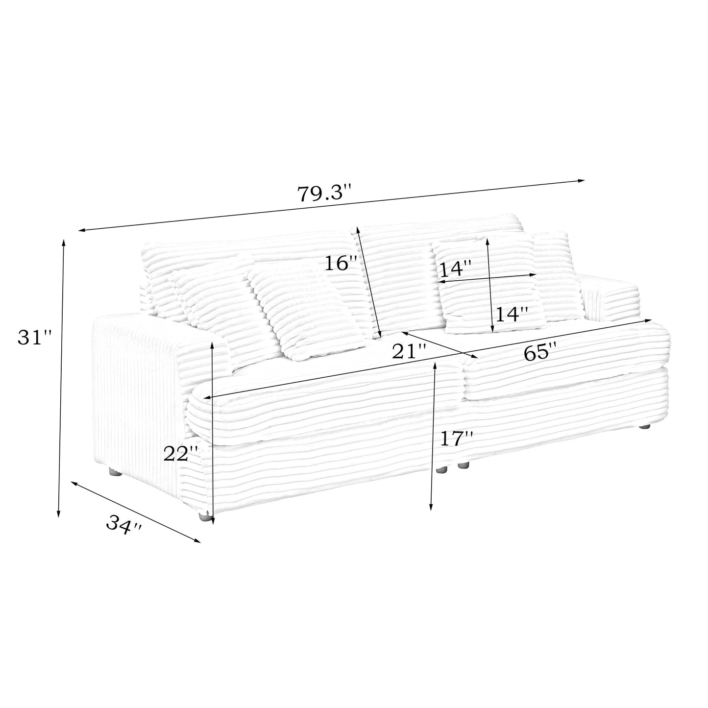 79.3 Inches Long, Corduroy Sofa, With 4 Matching Toss Pillows Sleek Design Spacious and Comfortable 3 Seater Couch