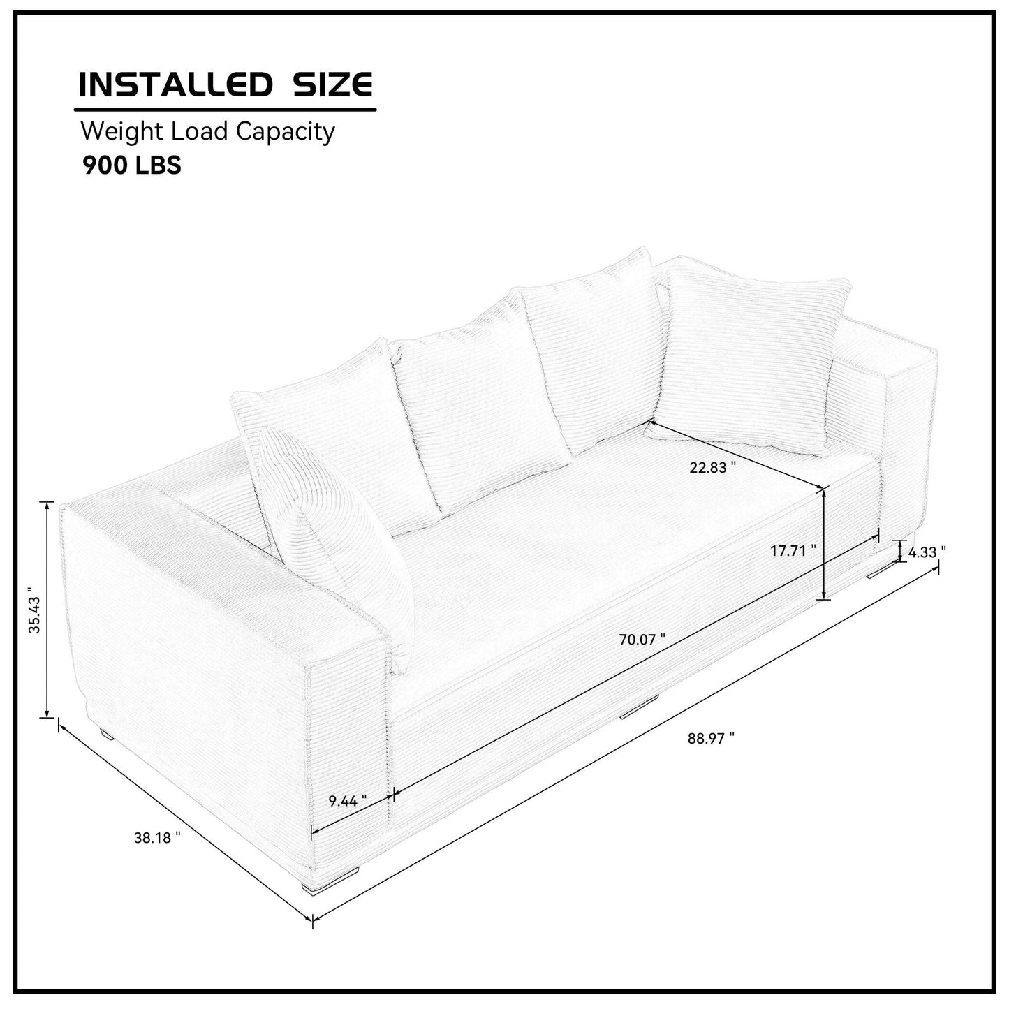 88.97'' Mid Century Modern Upholstered Sofa With 5 Matching Toss Pillows, Including Bottom Frame,Comfy Couches