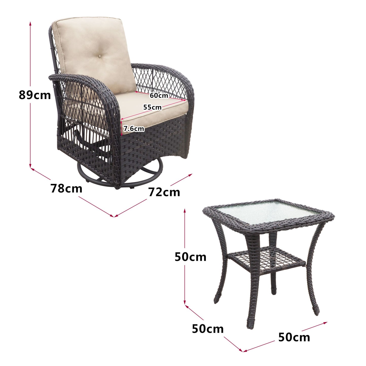 360-Degree Patio Wicker Swivel Rocker Chairs Set; Outdoor Rattan Rocking Bistro Sets With Cushions and Table