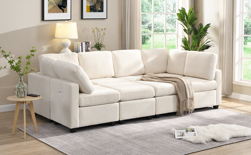 103" Sectional Sofa Couch Sofa Bed U-Shaped Sofa With Two Movable Ottoman and Three USB Ports for Living Room, Beige