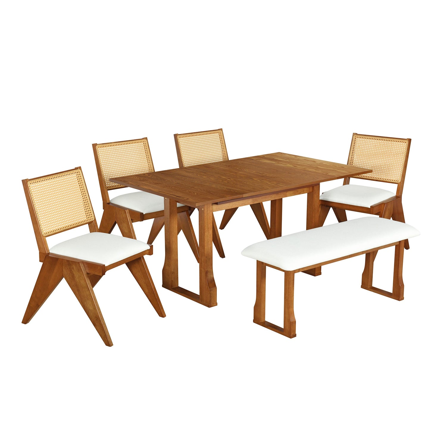 Modern 6-Piece 82.7inch Extendable Dining Table Set With 4 Wicker Back Upholstered Dining Chairs and Long Bench