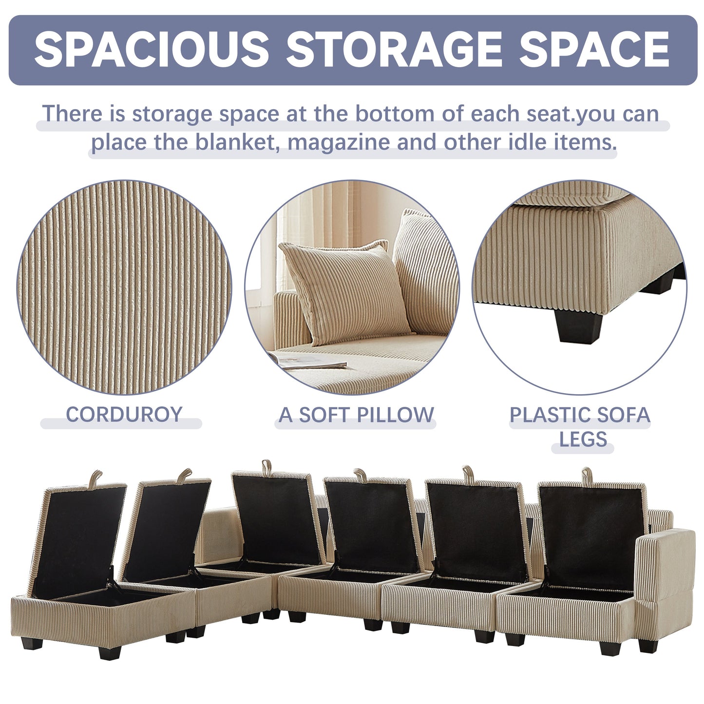 113.5'' Modular Sectiona Corduroy Sofa, Sectional Couches for Living Room U Shaped Sectional Couch With Storage Ottoman