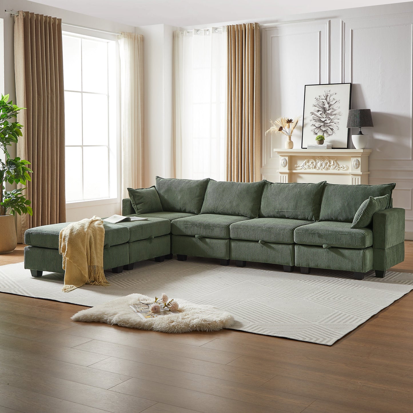 113.5'' Modular Sectiona Corduroy Sofa, Sectional Couches for Living Room U Shaped Sectional Couch With Storage Ottoman