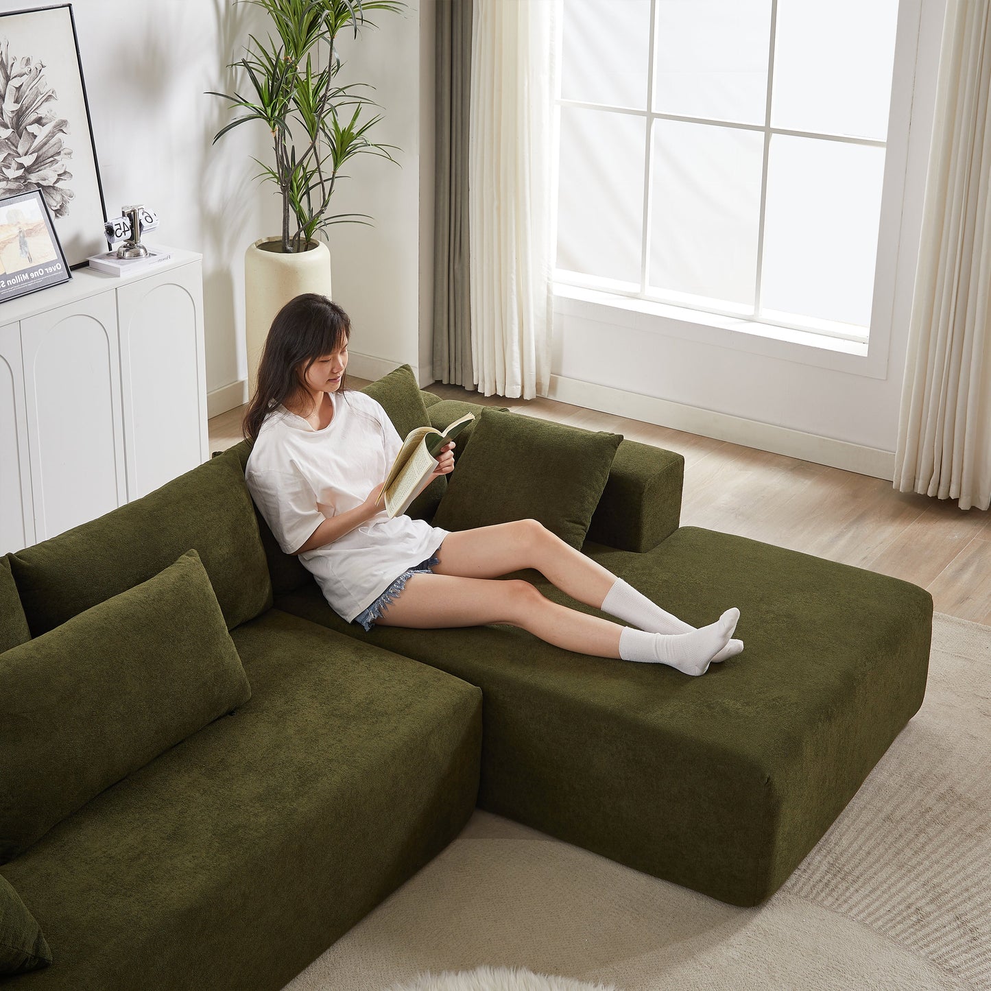 Modern Chenille Upholstered Sectional Sofa Couch Set,Modular 108" L Shaped Sectional Living Room Sofa Set With 6 Pillows