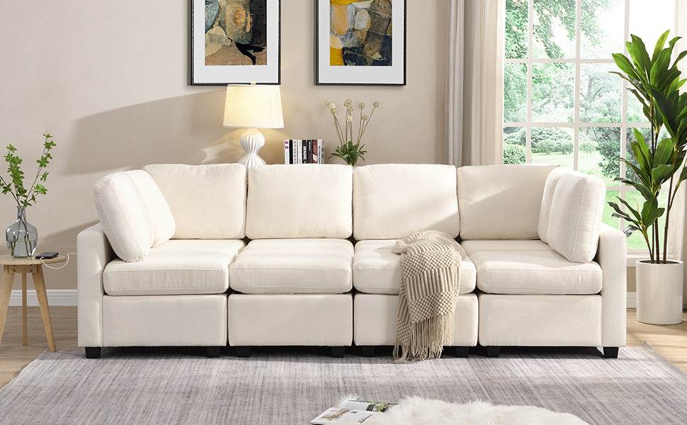103" Sectional Sofa Couch Sofa Bed U-Shaped Sofa With Two Movable Ottoman and Three USB Ports for Living Room, Beige