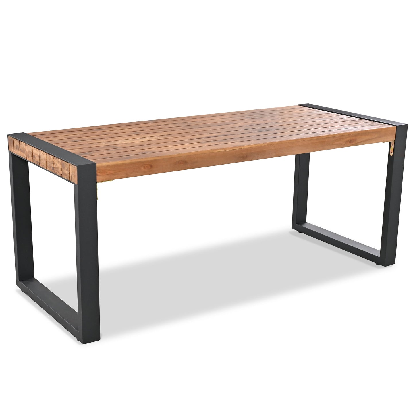 3-Pieces Outdoor Dining Table With 2 Benches, Patio Dining Set With Unique Top Texture, Acacia Wood Top & Steel Frame