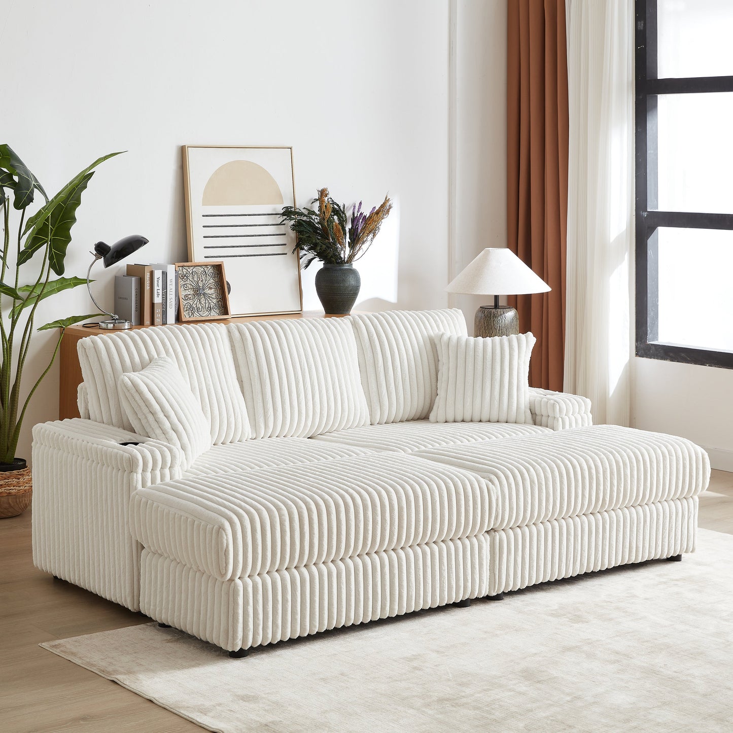 84Inch Corduroy 3-Seater Sofa With 3 Back Pillows ,2 Toss Pillows , a Ottoman ,2storage Spaces and Cup-Holding Grooves
