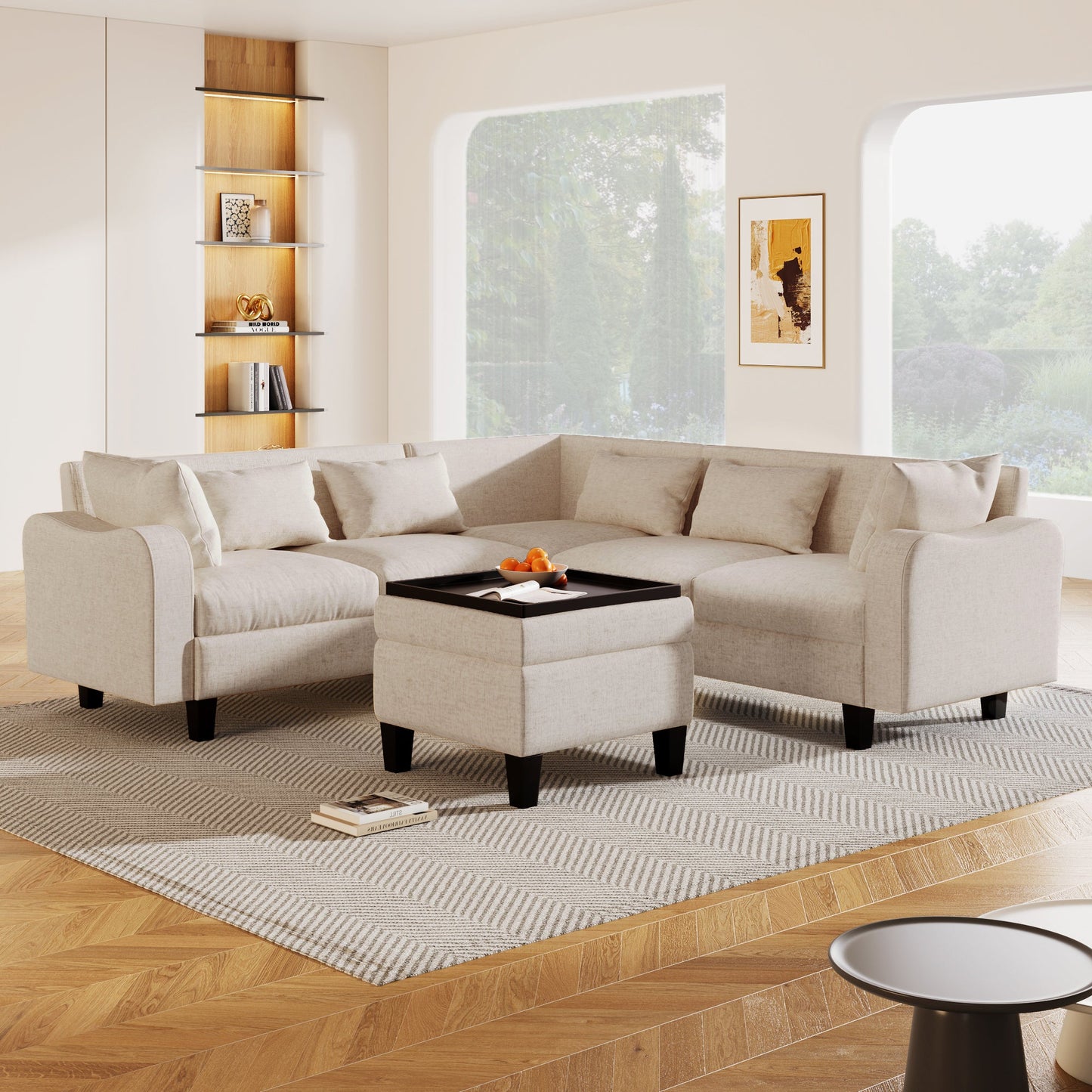 87" Modern Sectional Sofa With Coffee Table,6-Seat Couch Set With Storage Ottoman,Various Combinations,L-Shape Indoor