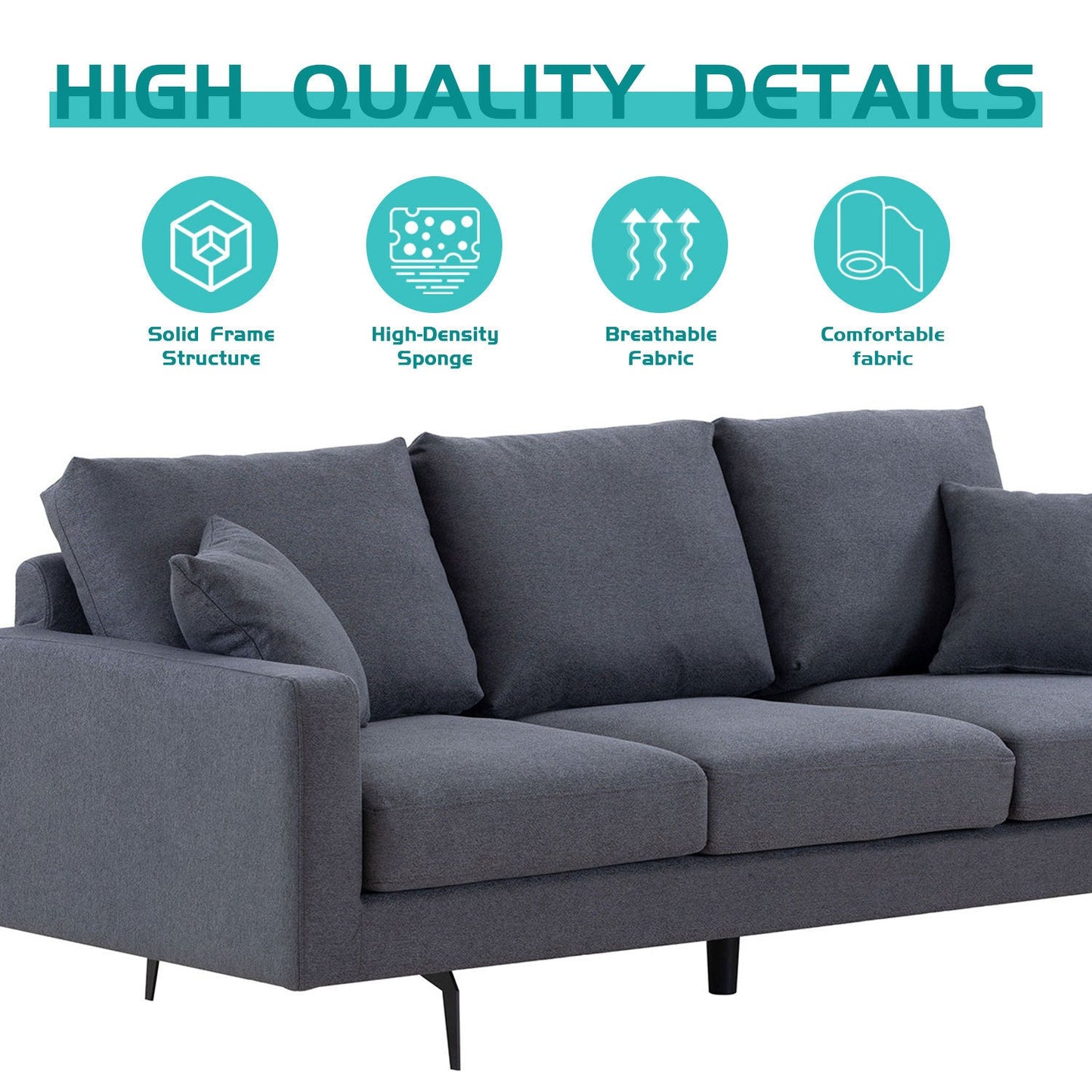 Modern Grey Three-Seat Sofa With Thick Sponge and Two Pillows, 87.40inch