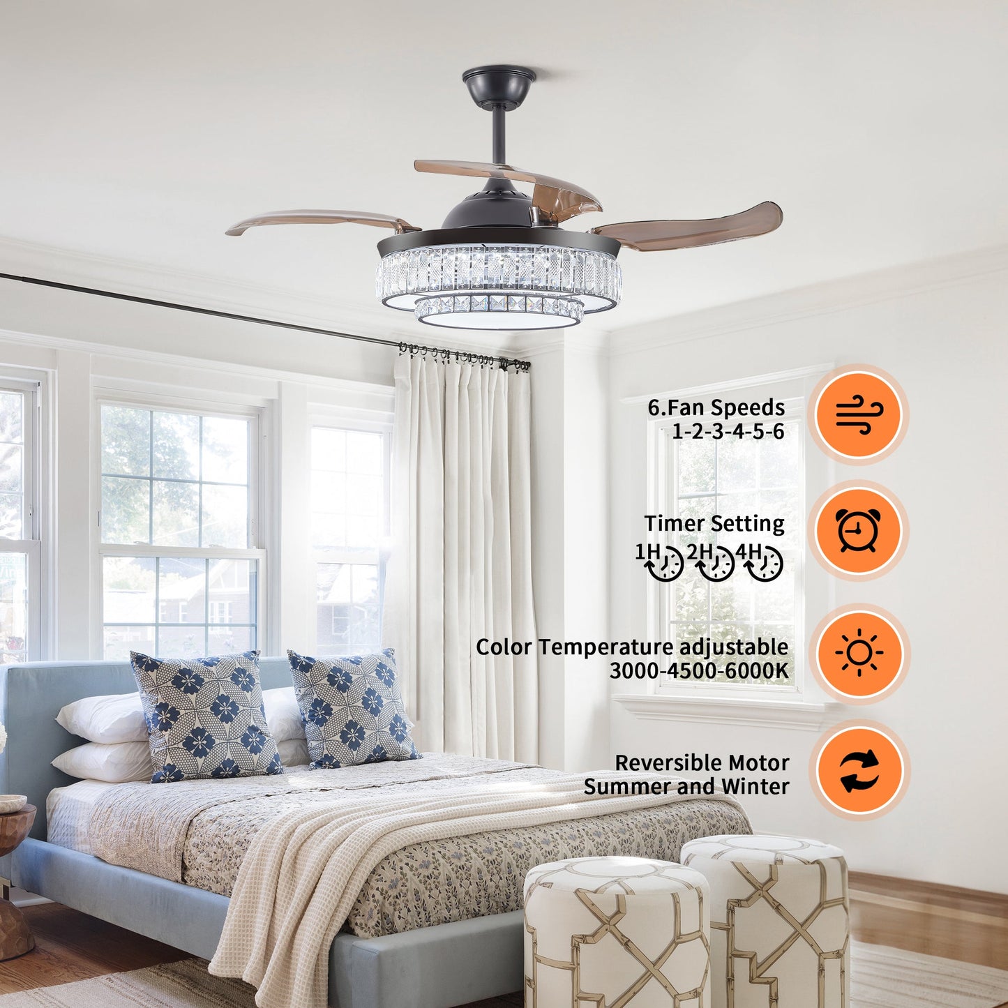Contemporary LED Retractable Ceiling Fan With Light and Remote Control, Quiet Reversible Motor