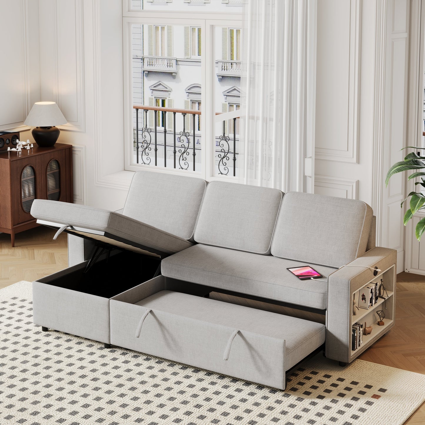 85.8" Pull Out Sleeper Sofa L-Shaped Couch Convertible Sofa Bed With Storage Chaise and Storage Racks,With USB Port