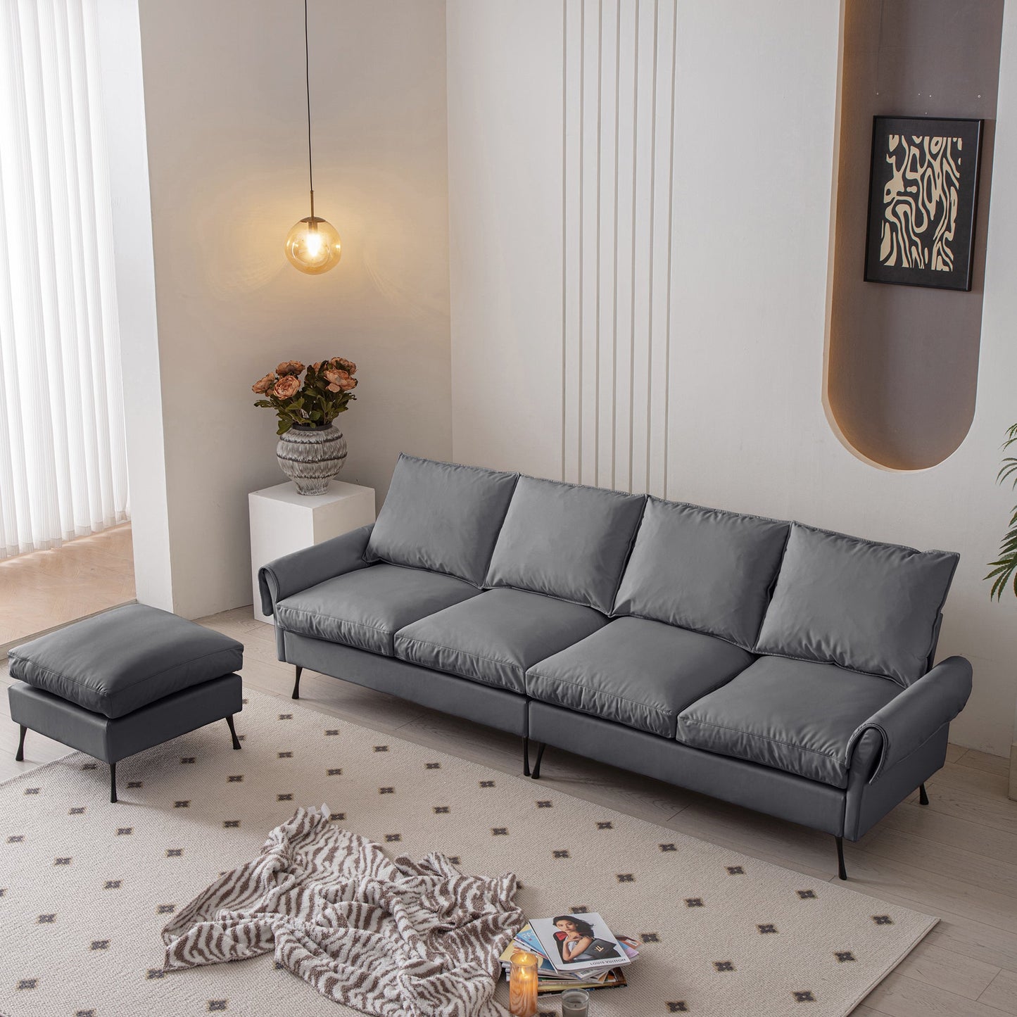 104.5"Modern Sectional Technical Leather L-Shaped Sofa Couch With Convertible Ottoman