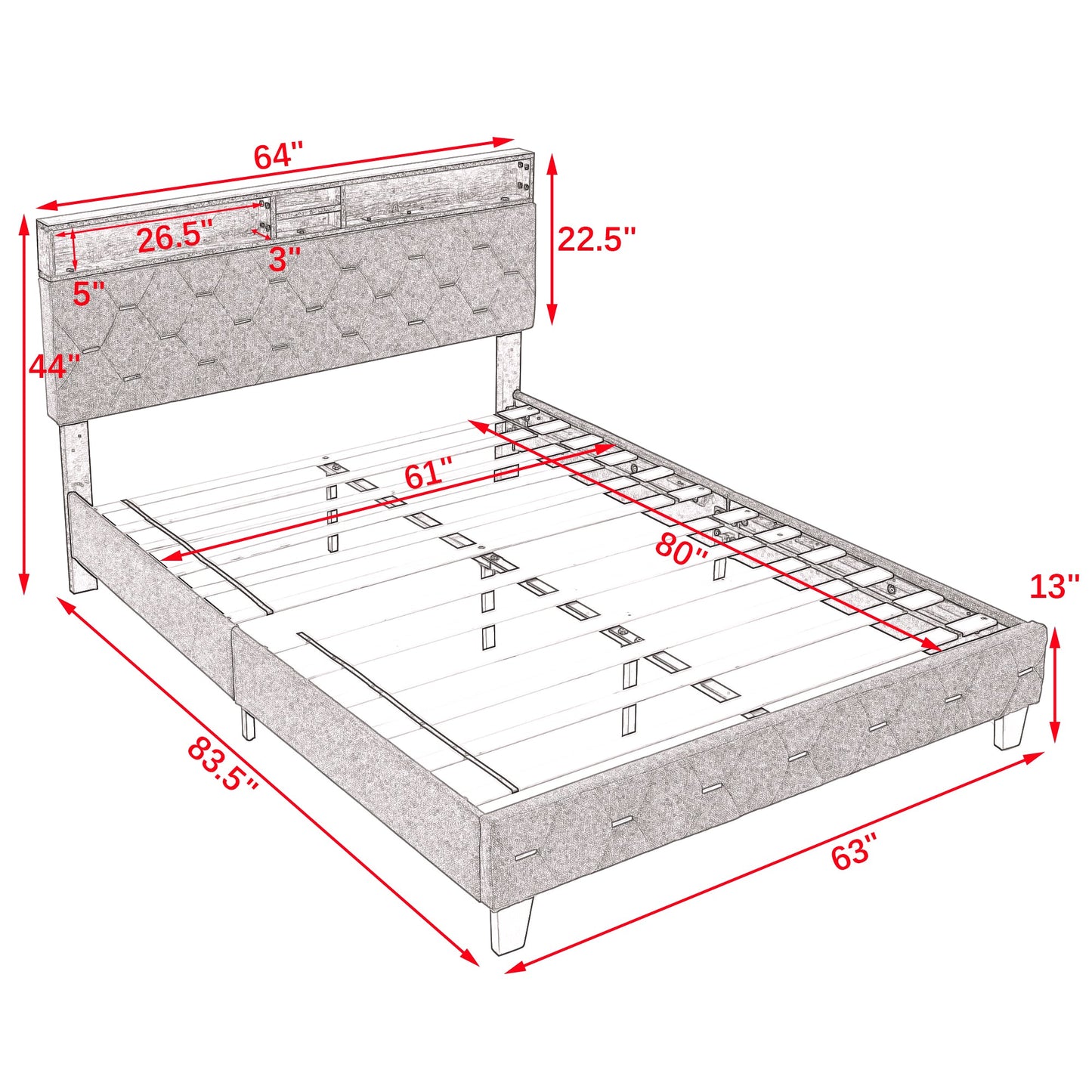Queen Size Bed Frame, Shelf Upholstered Headboard, Platform Bed With Outlet & USB Ports, Wood Legs, No Box Spring Needed