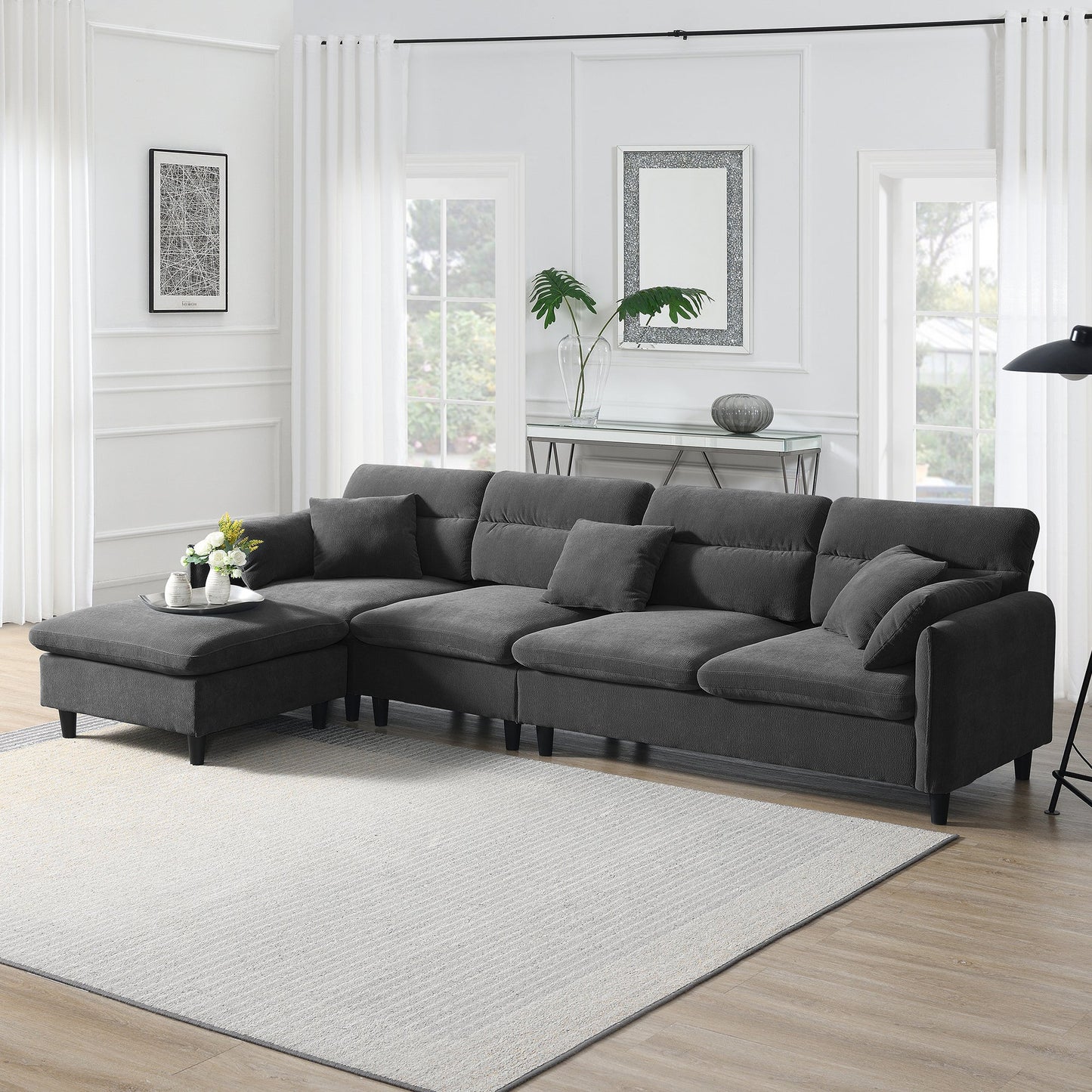 110*62" Modern Convertible Sectional Sofa,L-Shaped Reversible Couch Set With Free Pillows,5 Seat Cloud Chenille Indoor