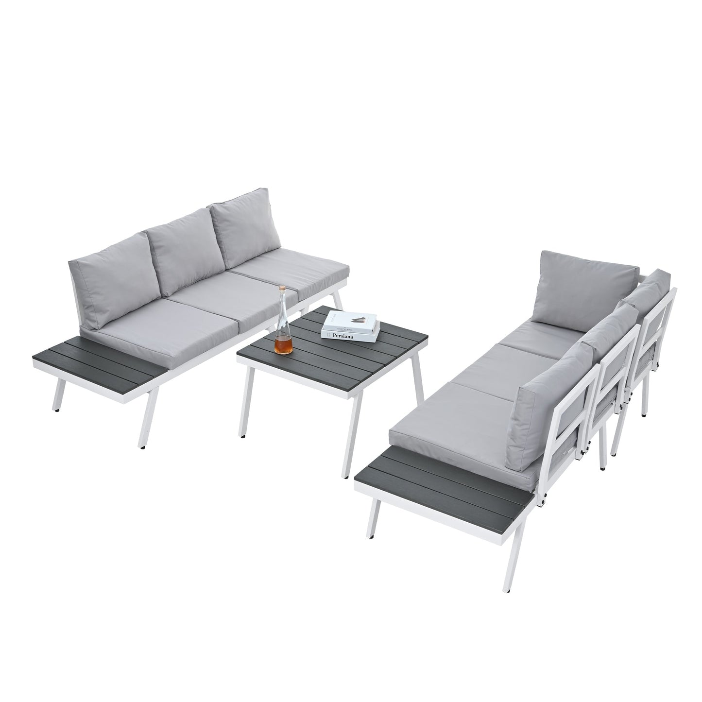 Industrial 5-Piece Aluminum Outdoor Patio Furniture Set, Modern Garden Sectional Sofa Set With End Tables, Coffee Table