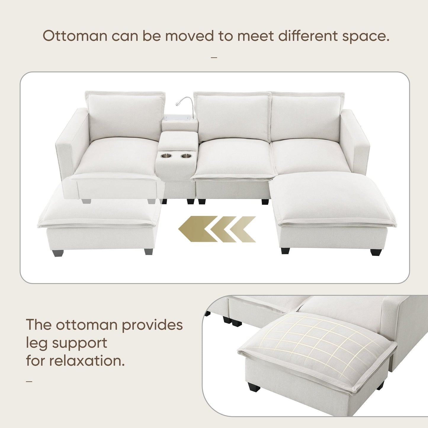 109*57" Modern Sectional Cloud Sofa With Console,USB Charger,Reading Light,Cup Holder,Wide Seat,4 Seat Chenille Modular