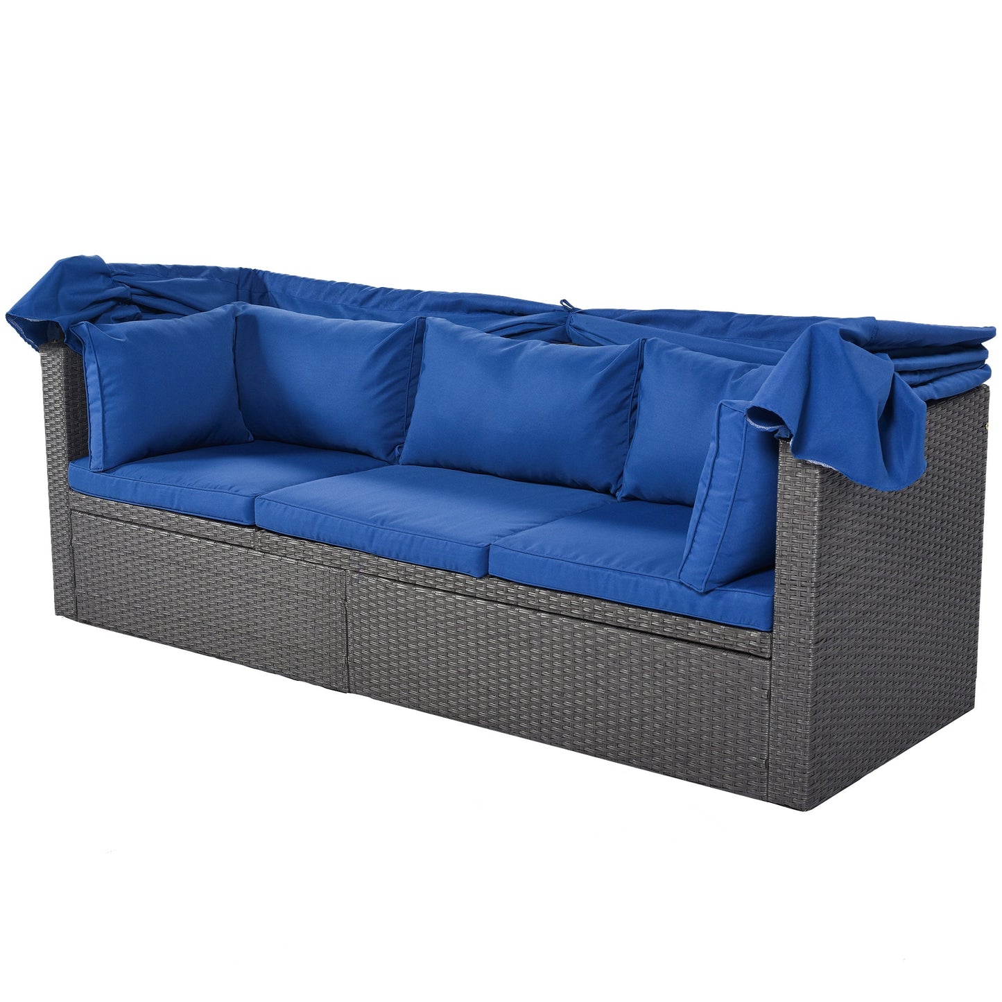 Outdoor Patio Rectangle Daybed With Retractable Canopy, Wicker Furniture Sectional Seating With Washable Cushions