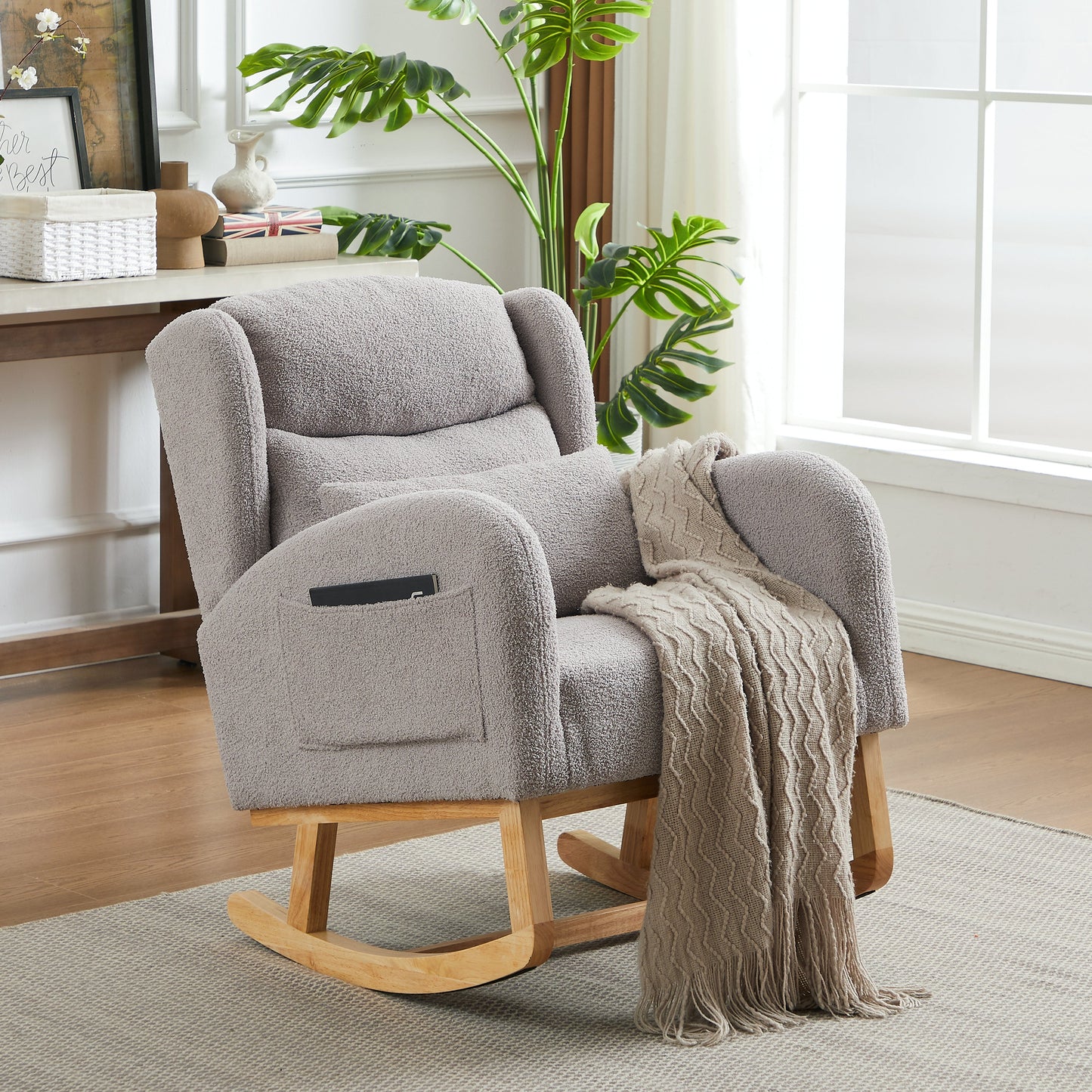 Modern Accent High Backrest Living Room Lounge Arm Rocking Chair, Two Side Pocket