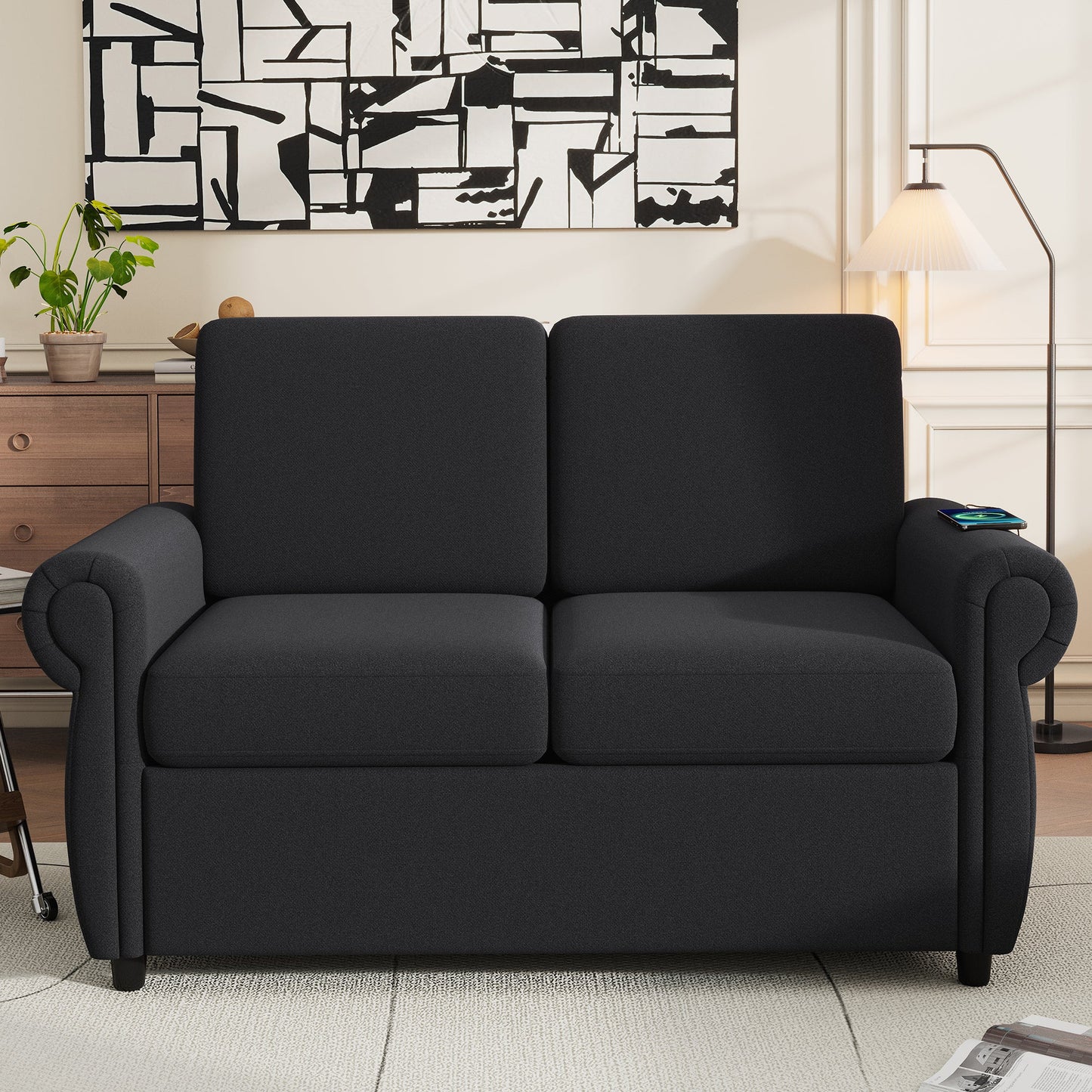 57.9" Pull Out Sofa Bed Loveseat Sleeper With Twin Size Memory Mattress With Two USB Ports for Living Room Spaces, Black