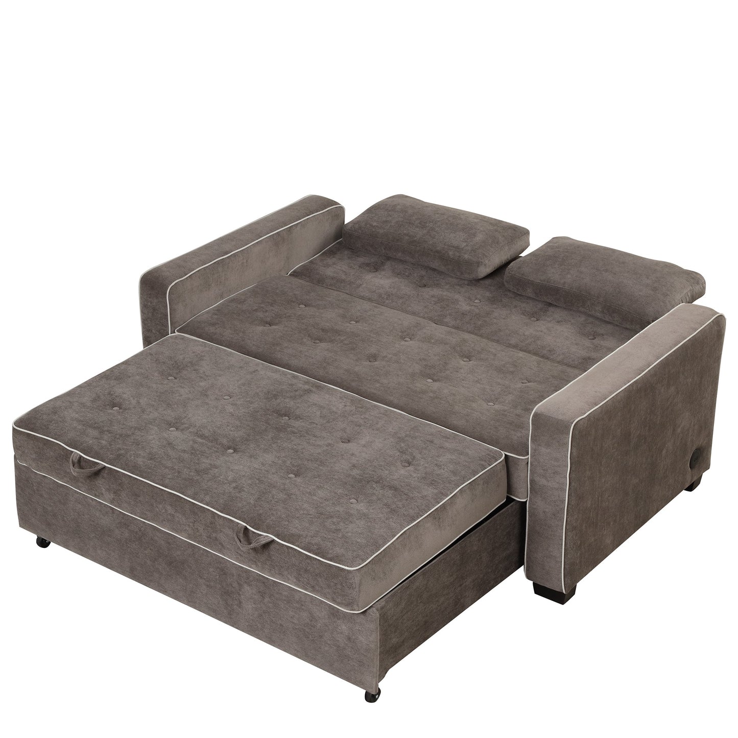 65.7" Linen Upholstered Sleeper Bed , Pull Out Sofa Bed Couch Attached Two Throw Pillows,Dual USB Charging Port