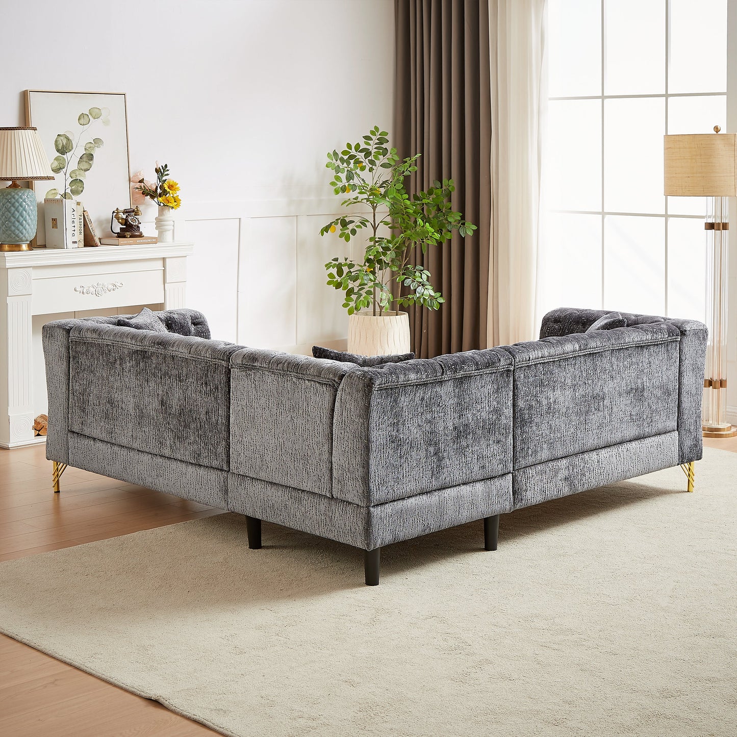 81.5-Inch Chenille Corner Sofa , L-Shaped Sectional Couch, 5-Seater Corner Sofas With 3 Cushions for Living Room, Bedroom