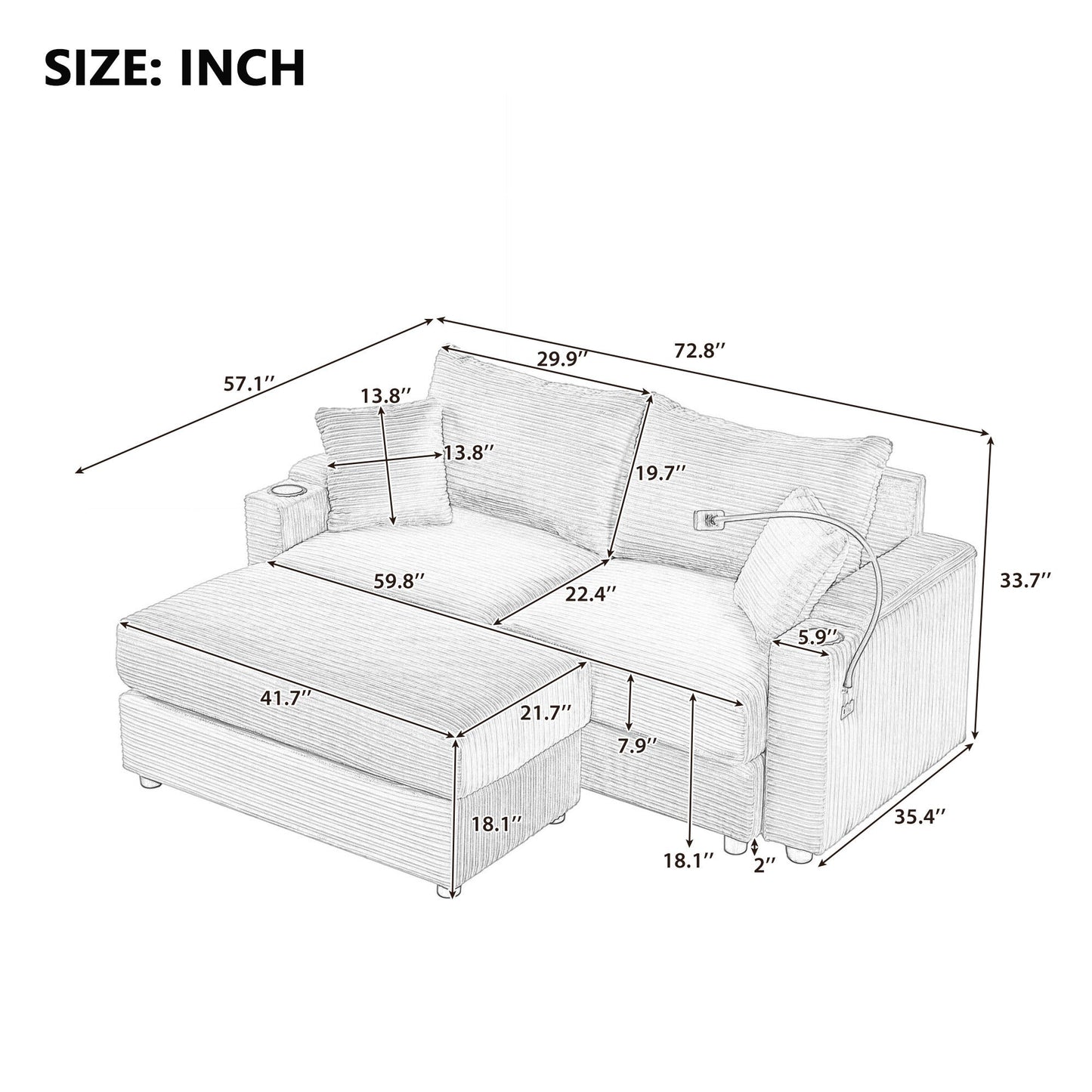 72.8" Modern Style Loveseat Sofa Sectional Sofa Couch With Storage Space, a Movable Ottoman, Two USB Ports, Two Cup Hold