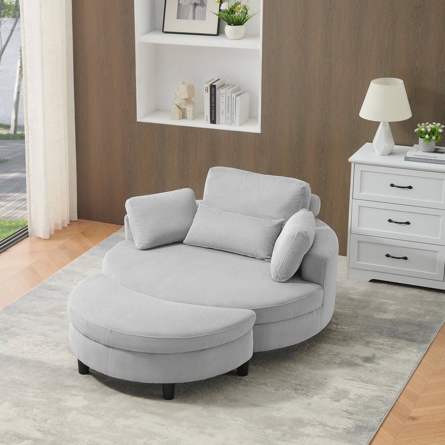51-Inch Gray Corduroy Sofa With Two Throw Pillows and a Waist Pillow With an Extra Tray for Comfortable Seating