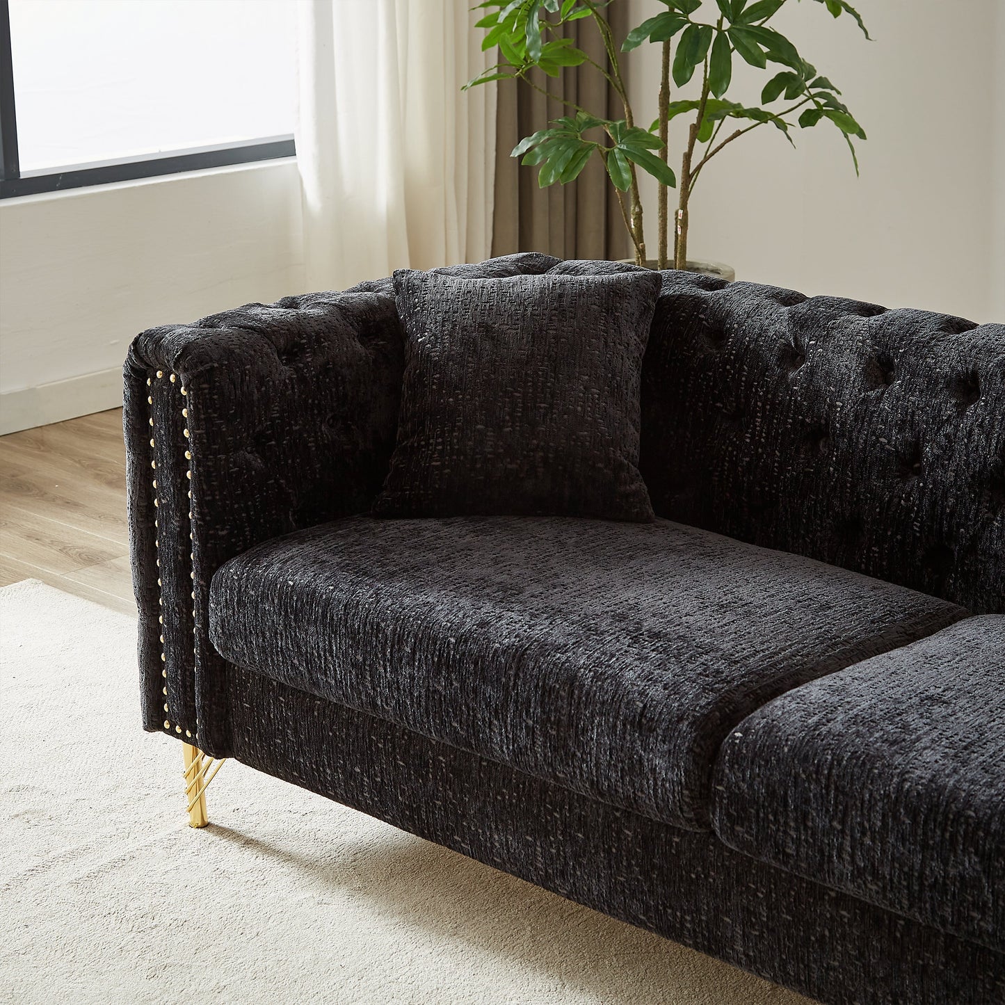 82-Inch Chenille Pull Buckle Design Sofa for Living Room,Buttons Tufted With Copper Nail Decoration Armrest, Modern Couch