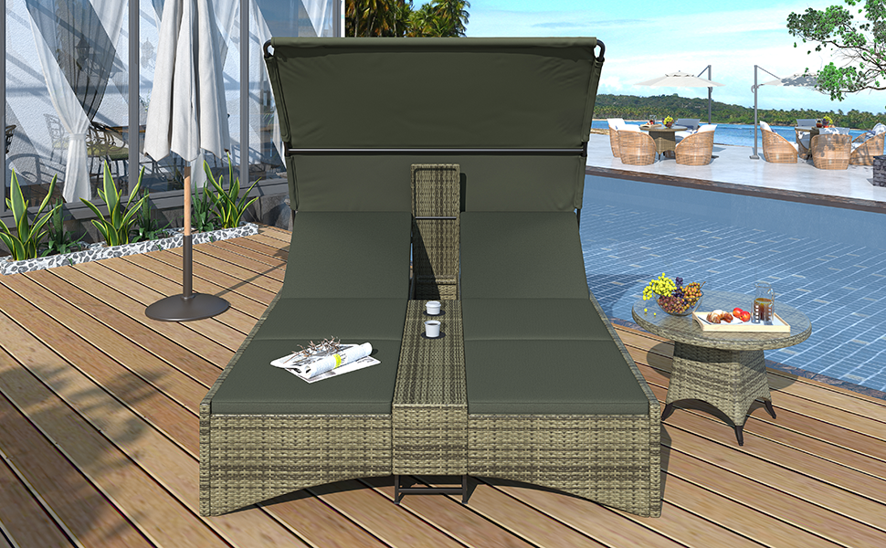 Patio Daybed Outdoor Daybed Outdoor Rattan Sun Lounger With Shelter Roof With Adjustable Backrest, Storage Box