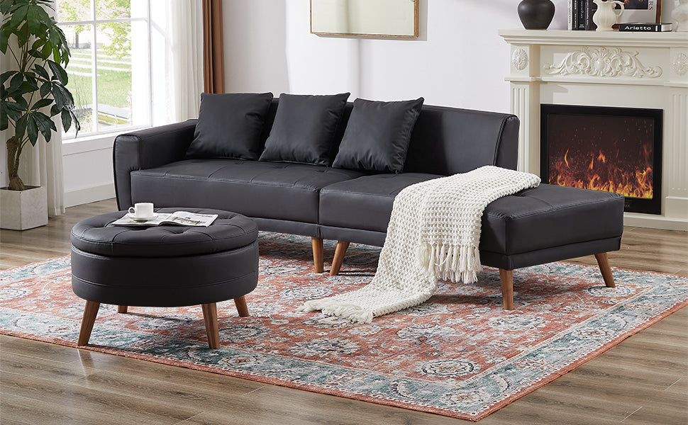 107" Contemporary Sofa Stylish Sofa Couch With a Round Storage Ottoman and Three Removable Pillows for Living Room, Black