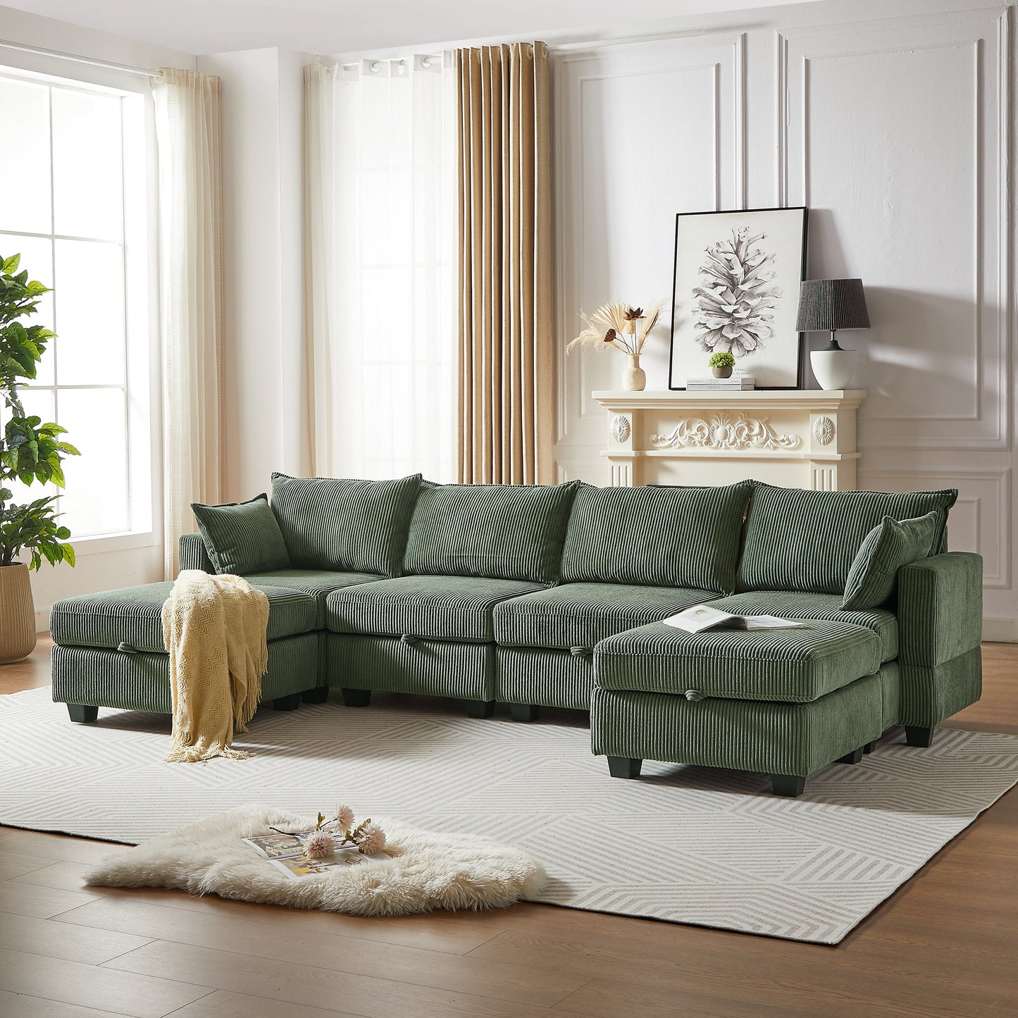 113.5'' Modular Sectiona Corduroy Sofa, Sectional Couches for Living Room U Shaped Sectional Couch With Storage Ottoman