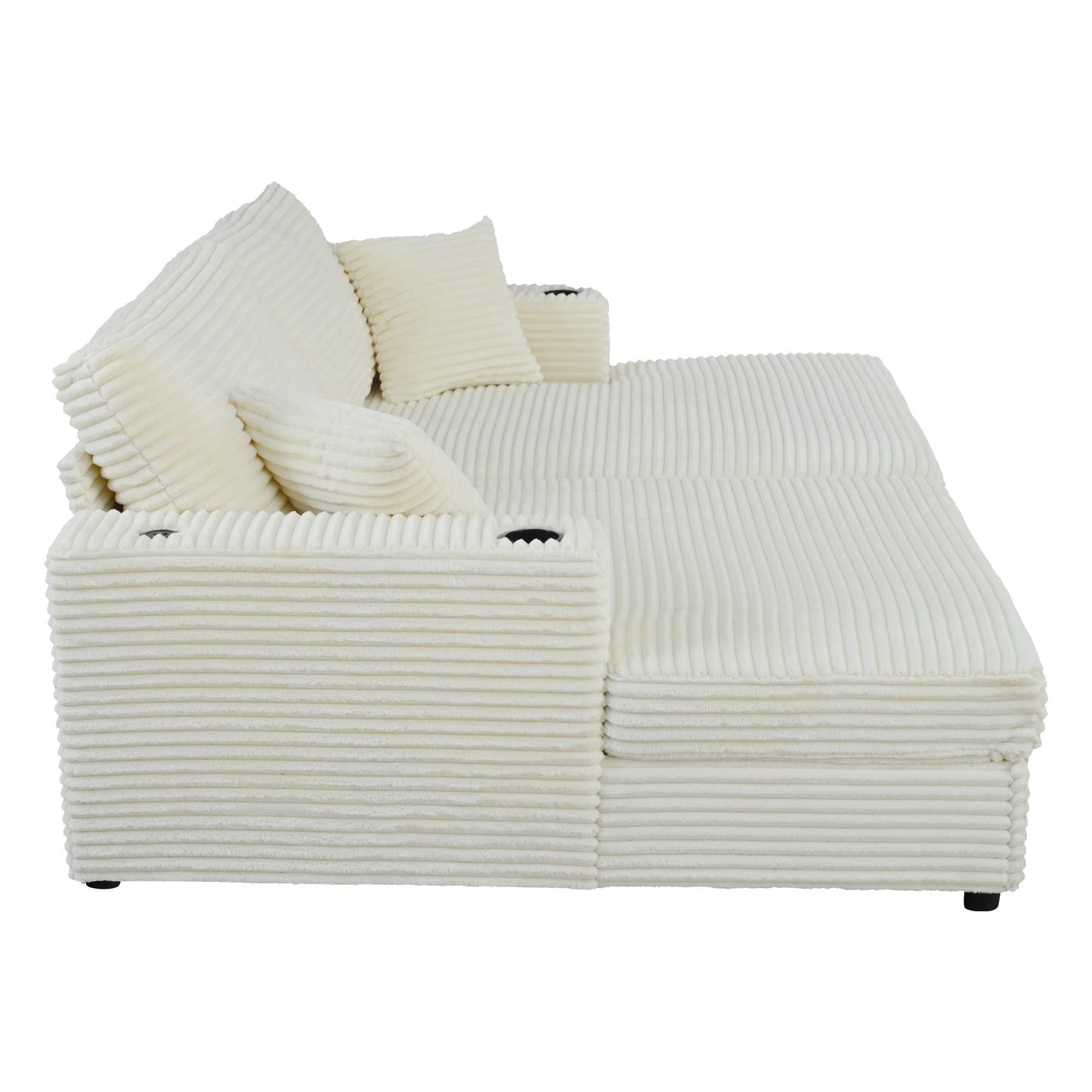86.5" Oversized Loveseat Chaise Lounge Sectional Sofa Bed Corduroy Sleeper Sofa With Two USB Ports , Two Cup Holders