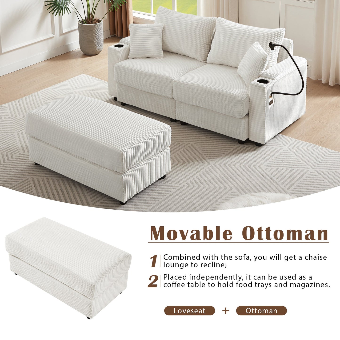 72.8" Modern Style Loveseat Sofa Sectional Sofa Couch With Storage Space, a Movable Ottoman, Two USB Ports, Two Cup Hold