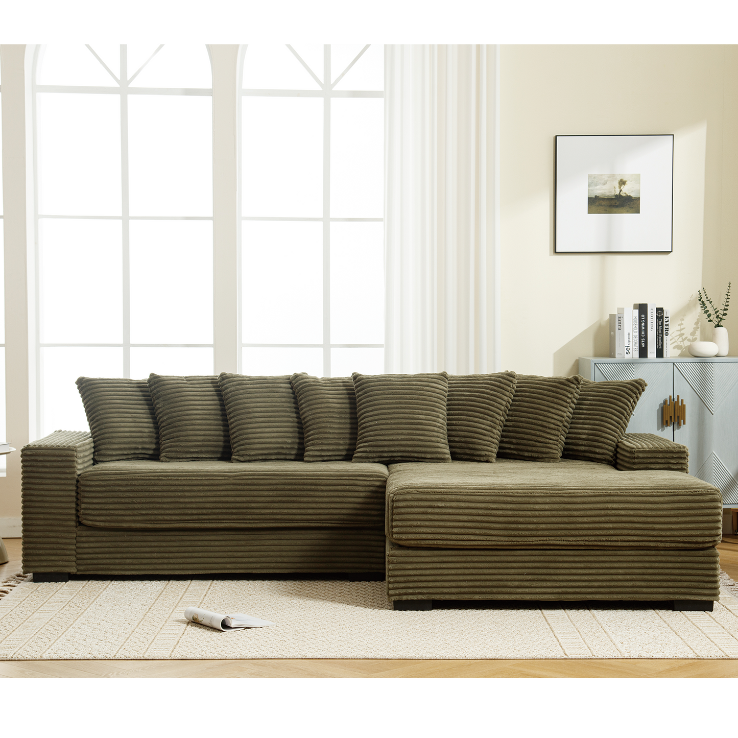 Oversized Two-Piece Couches, L Shaped Sofa, Corduroy, Right Chaise Daybed,with Armrests,Eight Throw Pillows,Corner Sofa
