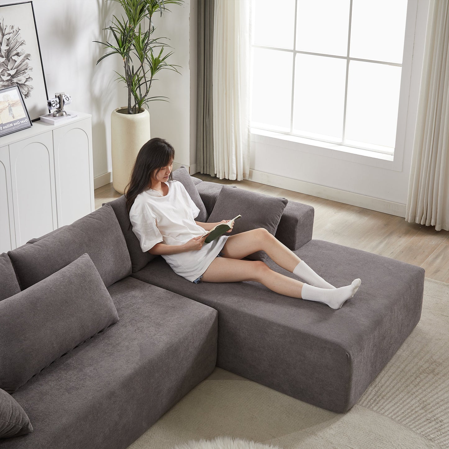 Modern Chenille Upholstered Sectional Sofa Couch Set,Modular 108" L Shaped Sectional Living Room Sofa Set With 6 Pillows