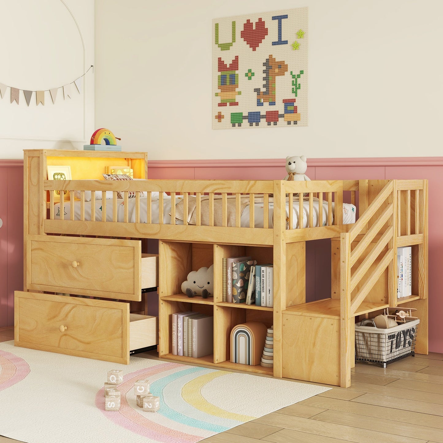 Twin Size Loft Bed With LED and Bookshelf, Wood Low Loft Bed With Stairs, Kids Twin Loft Bed With Storage Drawers