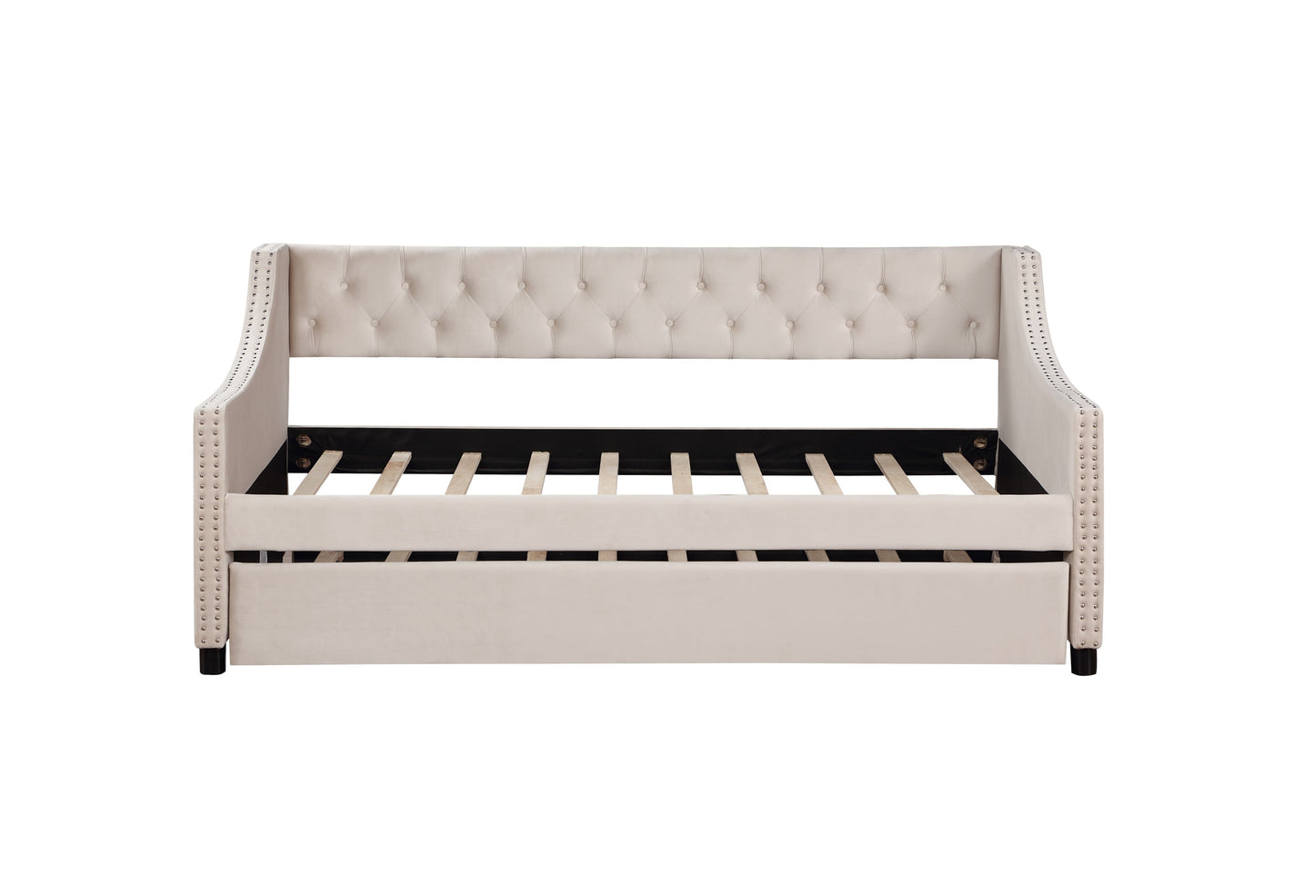 Daybed With Trundle Upholstered Tufted Sofa Bed, With Button and Copper Nail on Arms Full Size Beige