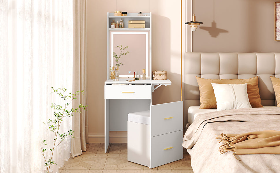 Small Vanity Desk With Mirror and Light, Dressing Table With Charging Station & Fold-Up Panel for Small Space, Compact