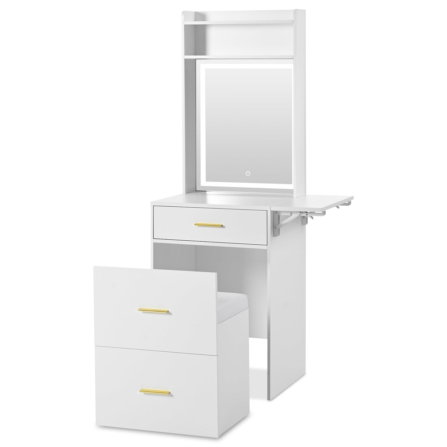 Small Vanity Desk With Mirror and Light, Dressing Table With Charging Station & Fold-Up Panel for Small Space, Compact