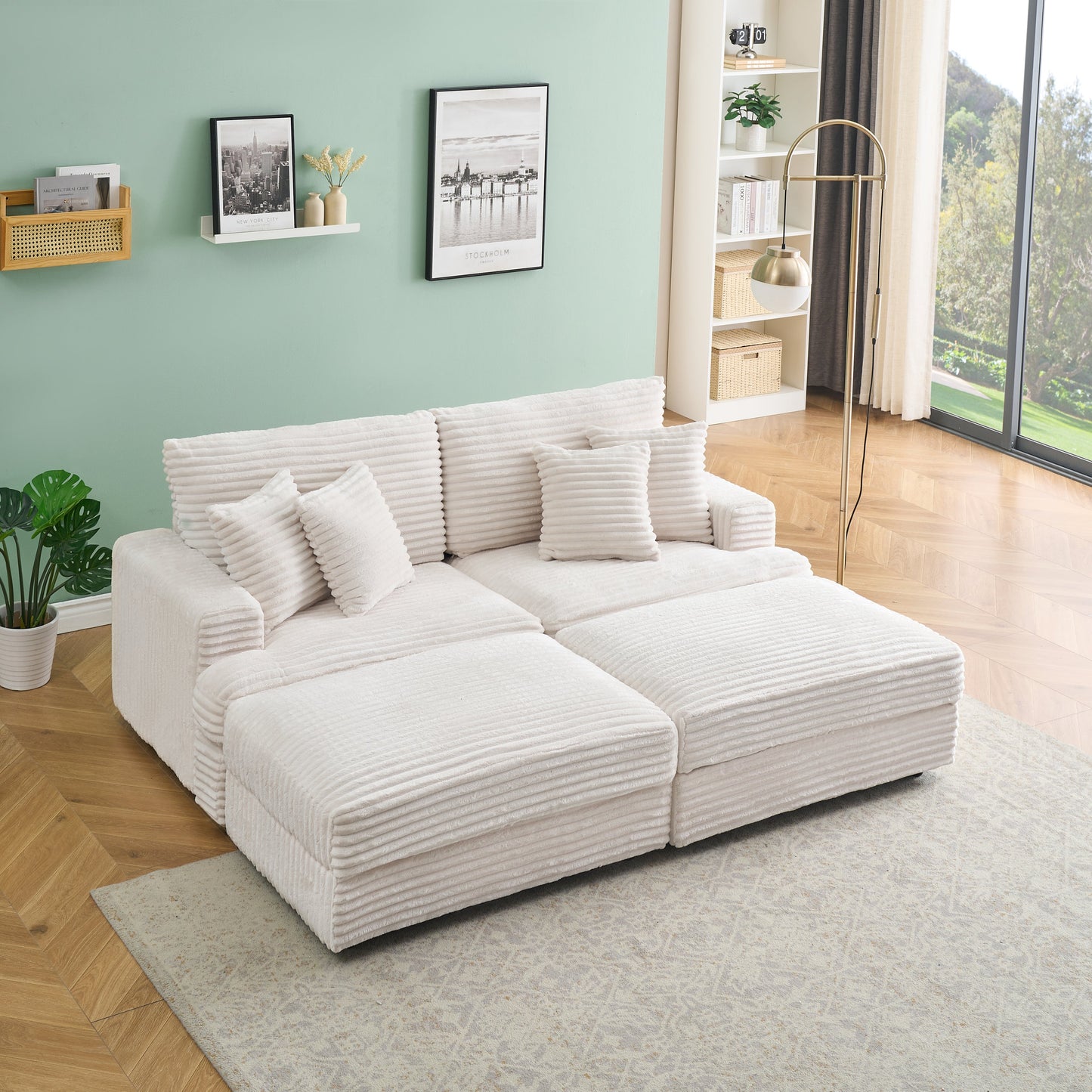 82 Inches Beige Corduroy Sofa, Two Storage Feet +4 Throw Pillows, Create a Living Room, Office Fashion New Darling