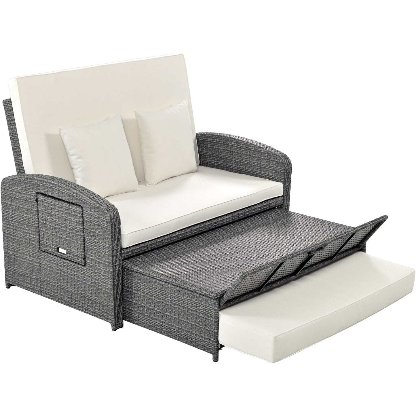 PE Wicker Rattan Double Chaise Lounge, 2-Person Reclining Daybed With Adjustable Back and Cushions